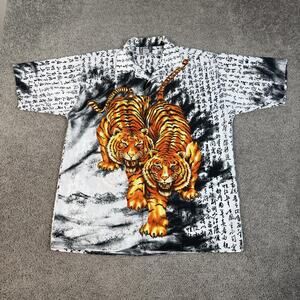 Vintage TRUST Shirt Mens M White Tiger AOP Graphic Skater Short Sleeve Button Up